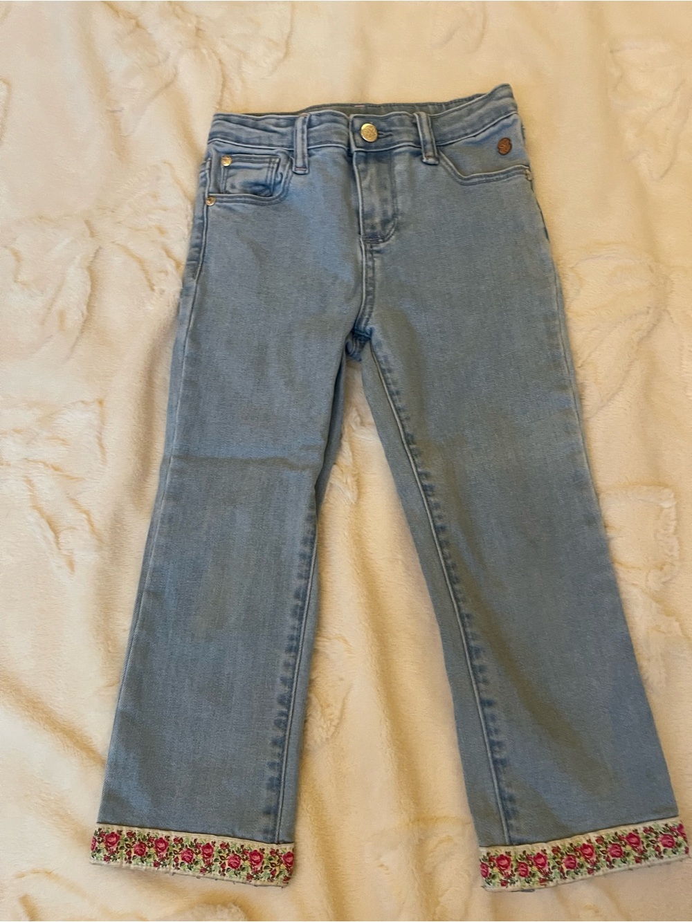 Matilda Jane Light Blue Wide Leg Jeans with Floral Cuff Size 6 capris